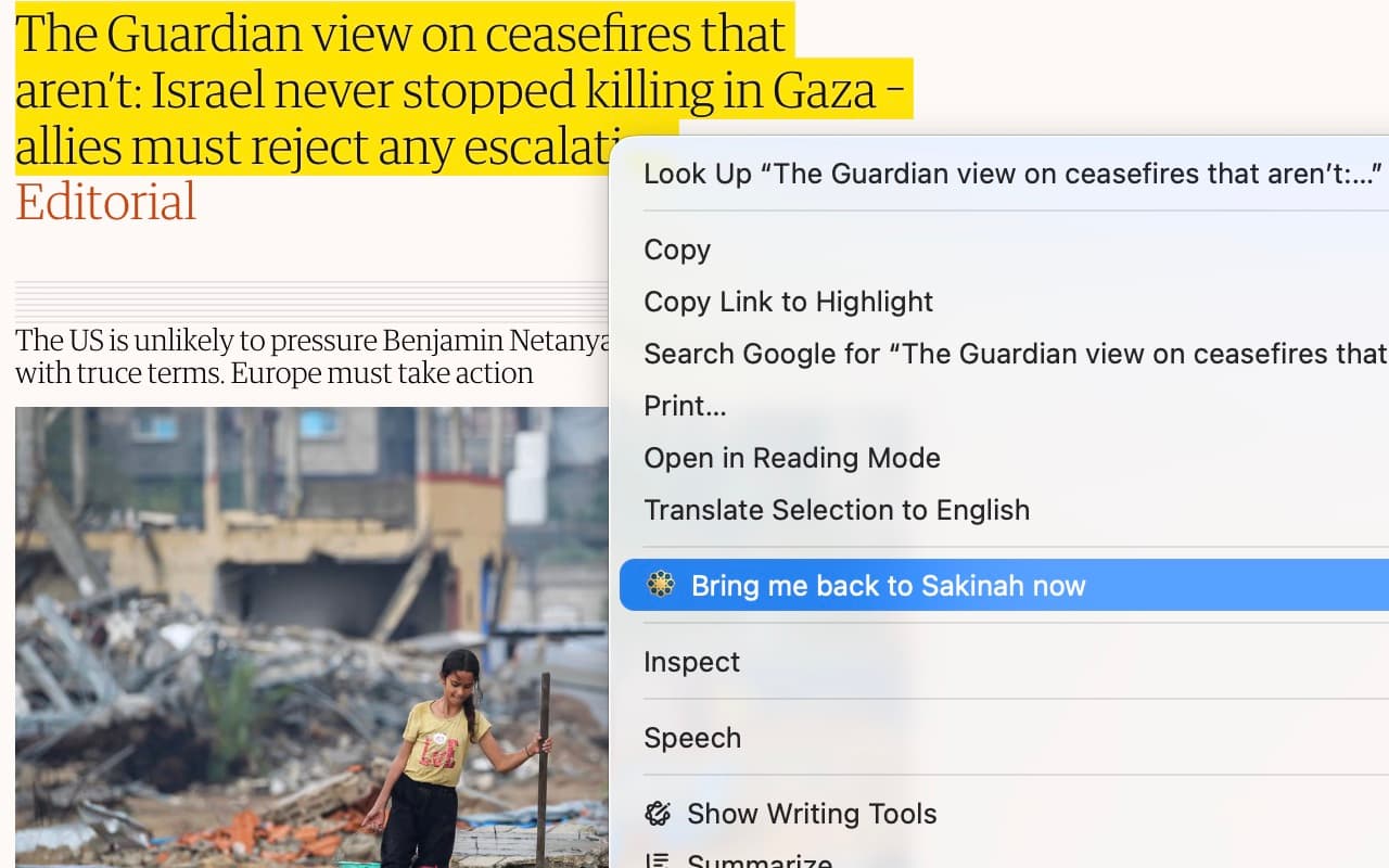 Highlighted article text with the Sakinah.now right-click option shown in the browser context menu.