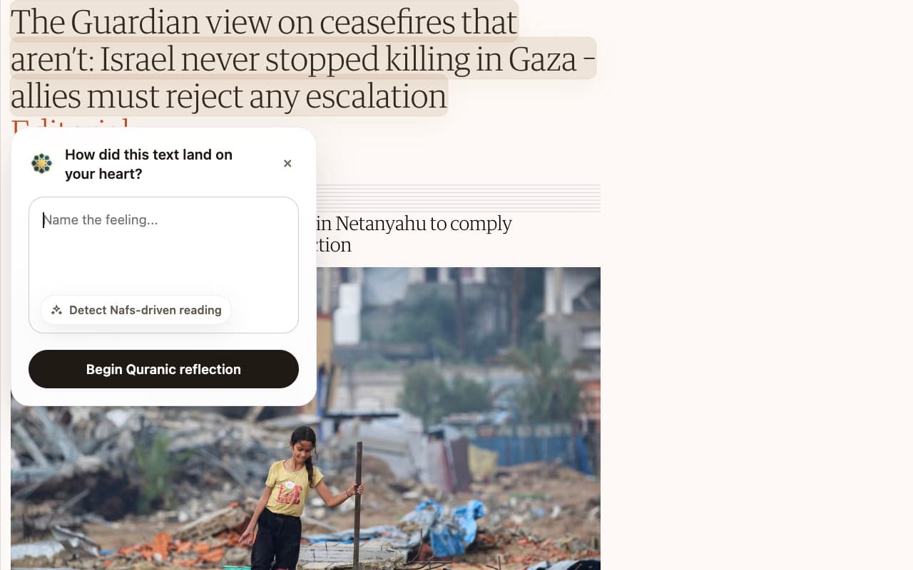 Sakinah.now popover on top of an article with the Detect Nafs-driven reading option and the Begin Quranic reflection button.